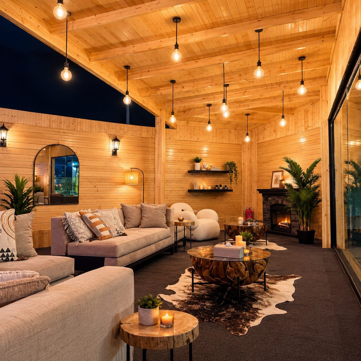 Warm timber lounge with sofas, low lighting and a fireplace, beside the rink