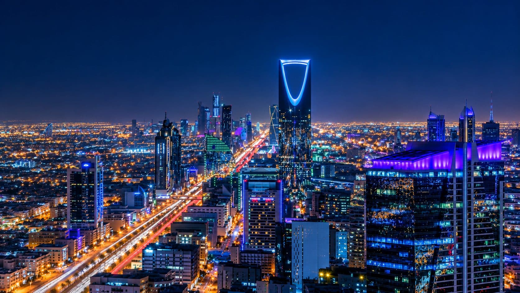 The Riyadh skyline lit up at night